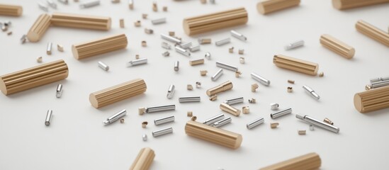 Sticker - Gold & silver dowels scattered on white; industrial background; product design