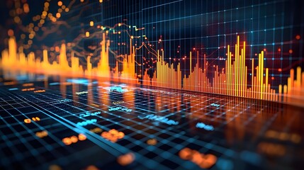 Fototapete - High definition data visualization showcasing vivid line and bar charts layered over a minimalist grid background  The dynamic charts and graphs depict market and economic trends in a sleek