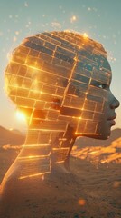 Poster - Surreal profile view of a child with a glowing, abstract design against a desert backdrop at sunset