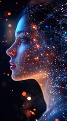 Poster - Surreal representation of a glowing woman surrounded by stars and cosmic elements in a dark atmosphere