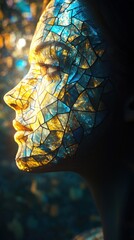 Aufkleber - Surreal glow of a woman with a mosaic face illuminating a dreamlike atmosphere in an ethereal forest setting