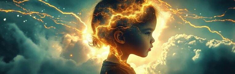 Aufkleber - surreal representation of a glowing child amidst dark clouds and lightning in an imaginative landsca