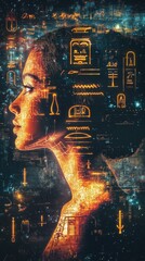 Aufkleber - Surreal representation of a glowing woman with ancient symbols illuminating her profile in a mystical setting