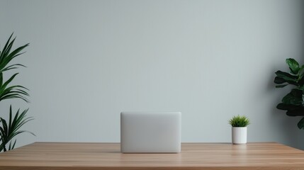 Aufkleber - Modern workspace with closed laptop on wooden desk and plants