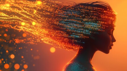 Poster - Surreal profile of a woman blending with glowing elements in a vibrant sunset setting