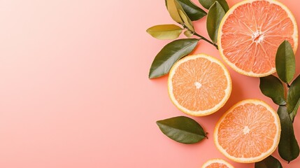 Poster - Bright and refreshing citrus slices with green leaves on a soft peach background showcasing vibrant colors and natural beauty