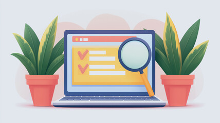 Poster - Online Research and Analysis: A laptop screen displays a checklist and magnifying glass, symbolizing the meticulous process of online research and analysis. Two potted plants flank the laptop.
