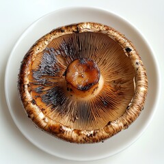 Poster - Juicy grilled mushroom on a white plate showcases its glossy texture and charred edges