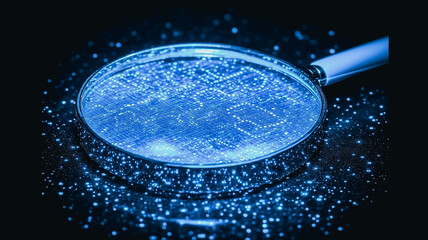 Poster - Magnifying the Unknown: A close-up shot of a magnifying glass revealing a mesmerizing abstract pattern of blue and white light, evoking mystery, innovation, and a sense of discovery. 