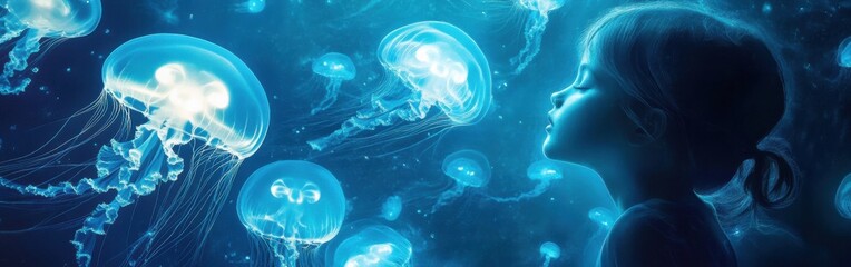 Aufkleber - Child experiences a magical moment with glowing jellyfish in a serene underwater world