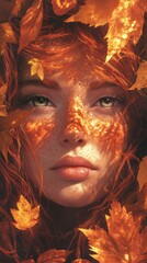 Poster - Serene woman with freckled face surrounded by autumn leaves during sunset