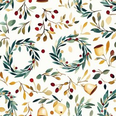 Aufkleber - Colorful doodle cartoon watercolor pattern featuring leaves, berries, and bells in a festive arrangement