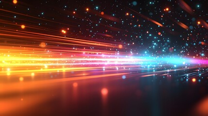 Fototapete - Captivating abstract background featuring a vibrant display of colorful light stripes flowing and glowing with horizontal motion across a blurred dark orange and black gradient