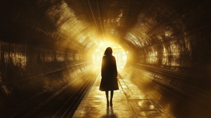 Aufkleber - Mystical silhouette of a woman standing alone in a glowing tunnel