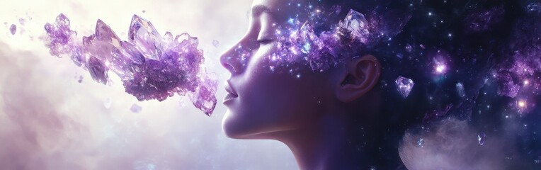 Aufkleber - Mystical profile of a man surrounded by crystals and cosmic elements in an ethereal landscape