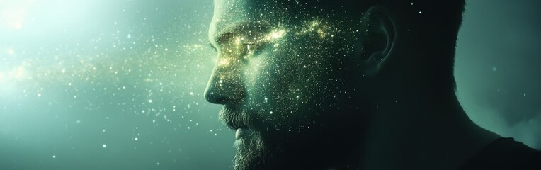 Aufkleber - Mystical luminous depiction of a man's face with glowing cosmic elements in a surreal setting