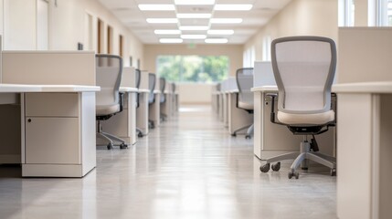 Poster - Empty modern office desks and chairs creating a spacious work environment