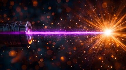 Poster - A futuristic scene featuring a powerful purple laser beam piercing through a dark black backdrop surrounded by a dazzling display of vibrant flares and radiant light rays
