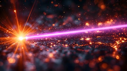 Leinwandbilder - Futuristic purple laser beam piercing a black backdrop surrounded by vibrant flares and radiant light rays that create a striking and captivating cosmic scene