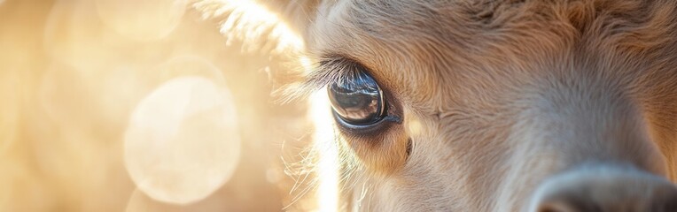 Poster - Close-up view of a camel calf's face showcasing its expressive eye and soft features in natural light during golden hour