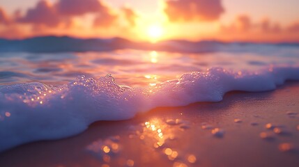 Wall Mural - Golden Hour at the Shore: A closeup view of foamy ocean waves lapping on the sandy shore, with the sun setting over the horizon.