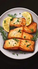 Poster - Deliciously grilled salmon fillets garnished with lemon and herbs on a white plate