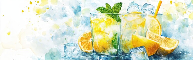 Poster - Refreshing lemonade with mint and ice in a watercolor style with citrus slices on a bright background