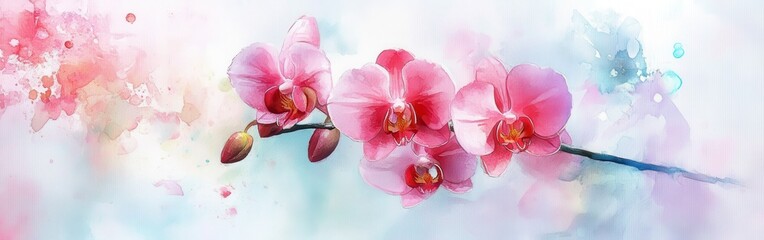 Poster - Close-up of pink orchids with a watercolor background displaying soft hues of pink and blue