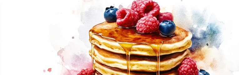 Poster - Indulgent stack of pancakes topped with fresh berries and syrup against a soft watercolor backdrop