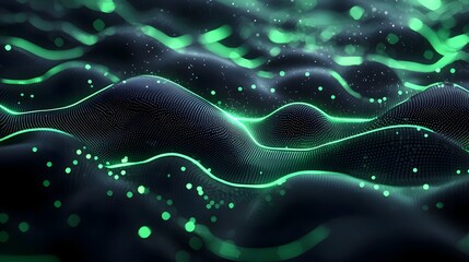 Fototapete - Futuristic digital background featuring a halftone gradient with flowing particle waves and glitch effects creating a captivating cyberpunk inspired landscape with a striking modern
