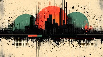 Leinwandbilder - Dystopian cyberpunk inspired abstract halftone featuring a dark industrial urban skyline silhouette with distressed grunge textures and bold futuristic elements
