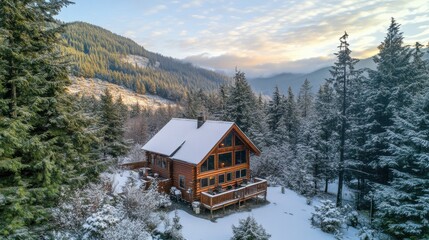 Aufkleber - Secluded mountain cabin nestled in a winter wonderland with snow-covered trees and serene landscape