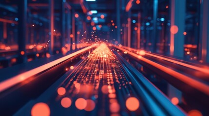 Poster - Blurred red and blue bokeh lights illuminating a futuristic server room corridor with data flowing, creating a dynamic and technological atmosphere