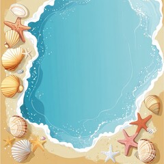 Poster - Vibrant beach border illustration featuring seashells and starfish along the water's edge at a sunny coastal location