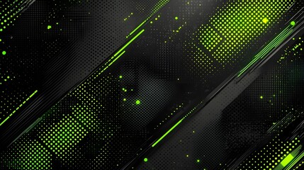 Leinwandbilder - Futuristic black and green halftone background with distressed grunge dots and glowing cyberpunk style elements creating a dynamic and technologically advanced visual effect