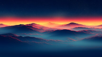 Poster - Breathtaking panoramic view of a mountain landscape at dusk with a dramatic gradient sky filled with warm hues of red yellow and dark blue tones creating a serene and atmospheric mood
