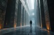 © Cozy Coffee Bar - Businessman walking in modern building corridor with columns and light fog