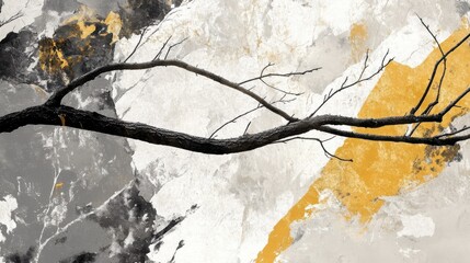 Poster - Abstract silhouette of a tree branch against a muted background of earthy tones and textured surfaces