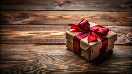 Wall Mural - A small gift box with a deep red ribbon sits on a rustic wooden surface