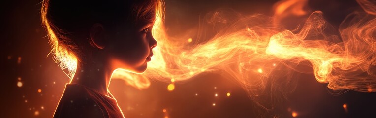 Poster - Vibrant visualization of a glowing child surrounded by ethereal light and smoke in a captivating setting