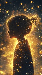 Poster - vibrant visualization of a glowing child surrounded by shimmering particles in a dreamlike setting