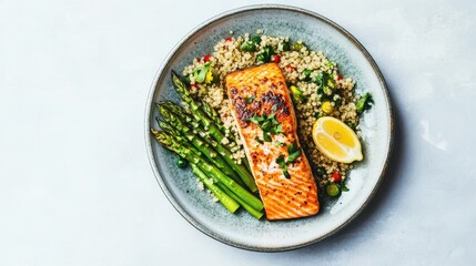 Poster - Delicious grilled salmon on a vibrant plate with asparagus, quinoa, and lemon for a healthy meal