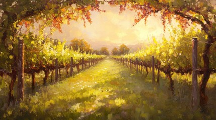 Poster - Vibrant vineyard flourishing in spring under the warm golden sunlight during the early evening hours