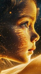 Poster - Child's face illuminated with vibrant sparkles in a whimsical cosmic setting during golden hour