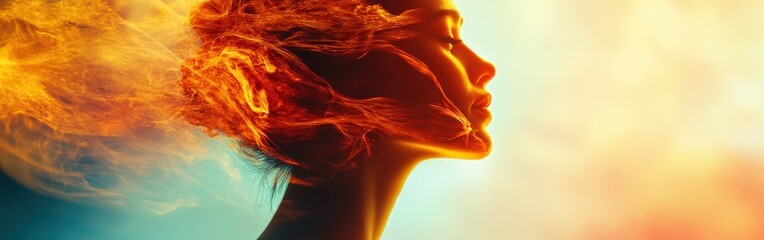 Aufkleber - Surreal representation of a glowing woman illuminated by flames in a vivid and dreamlike atmosphere