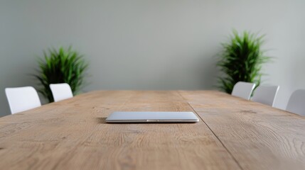 Poster - Closed laptop lying on wooden table in modern meeting room