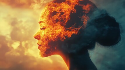 Poster - Surreal representation of a glowing woman surrounded by flames and smoke at dusk