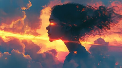 Aufkleber - Surreal representation of a glowing woman amidst a dreamlike sky at sunset