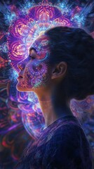 Aufkleber - Woman radiating light and vivid colors in a surreal, dreamlike environment with intricate patterns at dusk