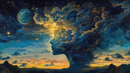 Poster - Surreal depiction of a glowing woman surrounded by cosmic elements during twilight hours